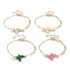 Mixed Color Brass Micro Pave Cubic Zirconia Butterfly Link Bracelets, with Resin, Natural Pearl Beads, Brass Paperclip Chains, 304 Stainless Steel Satellite Chains & Lobster Claw Clasps, Golden, Mixed Color, 7-1/2 inch(19cm)