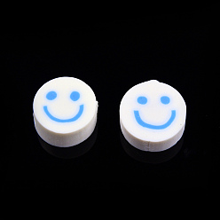 Light Sky Blue Handmade Polymer Clay Beads, Flat Round with Smiling Face, Light Sky Blue, 9~10x4mm, Hole: 1.2~1.6mm