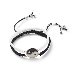 Black Enamel Yin Yang Matching Couple Braided Bead Bracelets Set, Adjustable Bracelets for Women, Black and White, Inner Diameter: 2~3-3/8 inch(5.2~8.5cm), 1Pc/style
