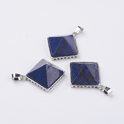 Lapis Lazuli Natural Lapis Lazuli Pendants, with Brass Finding, Pyramid, Platinum, 28.5x32x13mm, Hole: 3.5x6mm