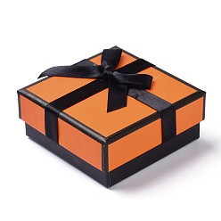 Orange Paper Jewelry Set Box, with Black Sponge with Bowknot, for Necklaces and Earring, Square, Orange, 7.2x7.3x3.2cm
