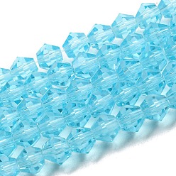 Bleu Ciel Clair Chapelets de perles en verre transparentes  , facette, Toupie, bleu clair, 4x4mm, Trou: 0.8mm, Environ 87~98 pcs/chapelet, 12.76~14.61 pouce (32.4~37.1 cm)