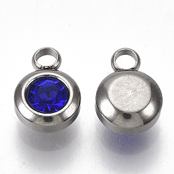 Sapphire Rhinestone Charms, September Birthstone Charms, with 201 Stainless Steel, Flat Round, Stainless Steel Color, Sapphire, 9x6.5x4mm, Hole: 1.8mm