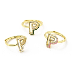 Letter P Mixed Color Enamel Initial Letter Adjustable Ring with Clear Cubic Zirconia, Real 18K Gold Plated Brass Jewelry for Women, Cadmium Free & Lead Free, Letter.P, US Size 5 1/4(16mm), Letter.P: 13.5x10.5mm