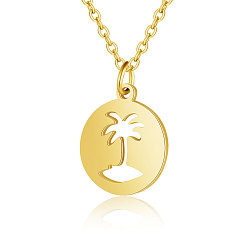 Golden 201 Stainless Steel Pendant Necklaces, with Cable Chains, Flat Round with Coconut Palm, Golden, 15.7 inch(40cm), 1.5mm, Flat Round: 16x13.5x1mm