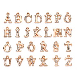 Light Gold Breloques strass en alliage, alphabet, lettre a ~ z, cristal, or et de lumière, 12.5~13.5x5.5~12x2.5mm, trou: 1.4 mm, 26 pcs / ensemble 