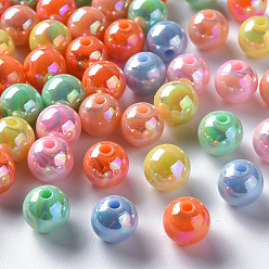 Couleur Mélangete Perles acryliques opaques, de couleur plaquée ab , ronde, couleur mixte, 10x9mm, Trou: 2mm, environ940 pcs / 500 g