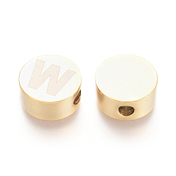 Letter W 304 Stainless Steel Beads, Flat Round with Letter, Letter.W, 10x4.5mm, Hole: 2mm