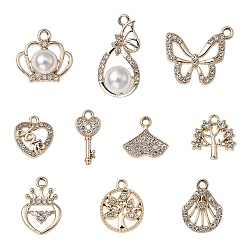 Golden 10Pcs 10 Style UV Plating Alloy Pendants, with Crystal Rhinestone and ABS Plastic Imitation Pearl, Skeleton Key & Heart & Tree & Fishtail & Crown & Shell Charms, Golden, 14.5~27x8.5~19x2~18.5mm, Hole: 1.5~2.5mm, 1Pc/style