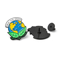 Lime Creative Zinc Alloy Brooches, Enamel Lapel Pin, with Iron Butterfly Clutches or Rubber Clutches, Electrophoresis Black, Save The Earth, Lime, 28x23mm, Pin: 1mm