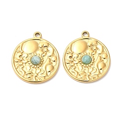 Amazonite Ion Plating(IP) 316 Stainless Steel Flat Round Pendants, Natural Amazonite Flower Charms, Real 24K Gold Plated, 23x20x4mm, Hole: 1.8mm