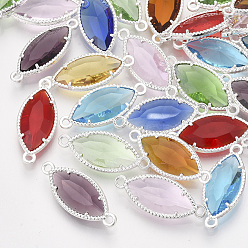 Mixed Color Glass Links, with Silver Color Plated Eco-Friendly Alloy Findings, Faceted, Horse Eye, Mixed Color, 21x9x4mm, Hole: 1.2mm