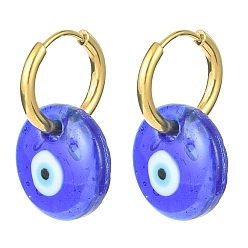 Oro Pendientes de aro colgantes de mal de ojo de murano azul, 304 joyería de acero inoxidable, dorado, 24x15 mm