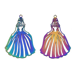 Rainbow Color Placage ionique (ip) 201 pendentifs en filigrane en acier inoxydable, embellissements en métal gravé, robe de princesse, couleur arc en ciel, 32x21x0.3mm, Trou: 1.2mm