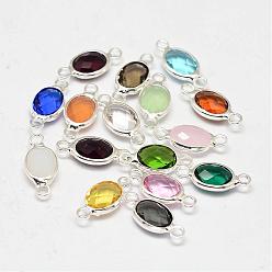 Mixed Color Oval Faceted Silver Color Plated Brass Glass Links connectors, Mixed Color, 15x6.5x3.2mm, Hole: 1mm