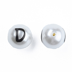 Letter D ABS Plastic Imitation Pearl Beads, with Printed, Round with Letter, Letter.D, 10mm, Hole: 1mm