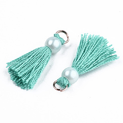 Dark Turquoise Polycotton(Polyester Cotton) Tassel Pendant Decorations, Mini Tassel, with Golden Tone Iron Findings and ABS Plastic Imitation Pearl, Dark Turquoise, 23mm, Jump ring: 5x0.8mm, 3.4mm inner diameter