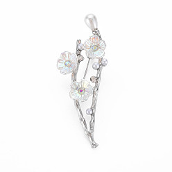 Platinum Plum Blossom with Branch Resin Brooch with Imitation Pearl, Crystal Rhinestone Flower Lapel Pin for Backpack Clothes, Nickel Free & Lead Free, Platinum, 25x62x15mm, Pin: 0.8mm