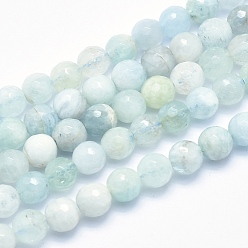 Aquamarine Natural Aquamarine Beads Strands, Grade AB, Faceted, Round, 6mm, Hole: 0.8mm, about 68pcs/strand, 15.7 inch