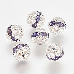 Violet Brass Rhinestone Beads, Grade A, Silver Metal Color, Round, Nickel Free, Violet, 8mm, Hole: 1mm