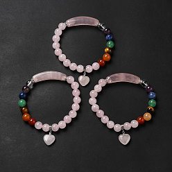 Розовый Кварц Эластичный браслет из бисера из натурального розового кварца и смешанных драгоценных камней с подвеской в виде сердца для женщин, внутренний диаметр: 2-1/8 дюйм (5.5 см)