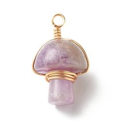 Amethyst Natural Amethyst Pendants, with Real 18K Gold Plated Eco-Friendly Copper Wire Wrapped, Mushroom, 28~32x16~17x16~17mm, Hole: 3mm