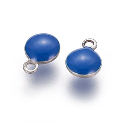 Bleu Foncé 304 Bijoux émaillés en acier inoxydable, paillettes émaillées, plat rond, couleur inox, bleu foncé, 8.5x6x3mm, Trou: 1mm