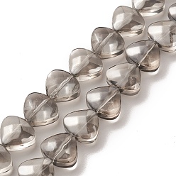 Dark Gray Transparent Electroplate Glass Bead Strands, Pearl Luster Plated, Heart, Dark Gray, 12x13x7mm, Hole: 1mm, about 55pcs/strand, 25.51''(64.8cm)