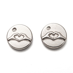 Stainless Steel Color 304 Stainless Steel ASL Charms, Flat Round with Finger Heart, Stainless Steel Color, 15x2mm, Hole: 1.8mm