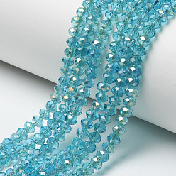 Turquoise Moyen Plaquent verre transparent perles brins, demi arc-en-ciel plaqué, facette, rondelle, turquoise moyen, 6x5mm, Trou: 1mm, Environ 85~88 pcs/chapelet, 16.1~16.5 pouce (41~42 cm)