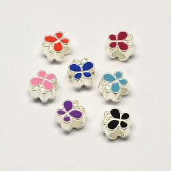 Mixed Color Alloy Enamel Butterfly Large Hole European Beads, Silver Color Plated, Mixed Color, 10x10x7mm, Hole: 4.5mm