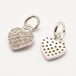 Real Platinum Plated Brass Micro Pave Grade AAA Cubic Zirconia Charms, Long-Lasting Plated, Heart, Cadmium Free & Nickel Free & Lead Free, Real Platinum Plated, 9x8x1.5mm, Hole: 3mm