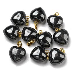 Black Stone Natural Black Stone Pendants, with Golden Tone Brass Findings, Heart Charm, 18x15~15.5x6~8mm, Hole: 6x3mm