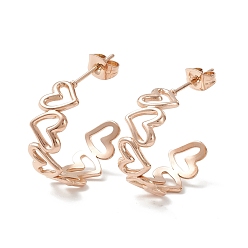 Rose Gold 304 Stainless Steel C-shape Stud Earrings, Heart Wrap Half Hoop Earrings for Women, Rose Gold, 19.5x25x8mm, Pin: 0.8mm