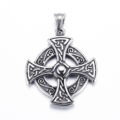 Antique Silver 304 Stainless Steel Pendants, Flat Round with Cross, Antique Silver, 31x27x4mm, Hole: 5.5x6mm