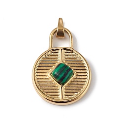 Golden Ion Plating(IP) 304 Stainless Steel with Synthetic Malachite Pendants, Round Lock Charms, Golden, 21x15.5x4.5mm, Hole: 3x4mm