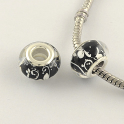 Noir Perles européennes en résine à motif de fleurs à grand trou, avec couleur argent plaqué doubles noyaux de cuivre, rondelle, noir, 14x9mm, Trou: 5mm
