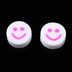 Hot Pink Handmade Polymer Clay Beads, for DIY Jewelry Crafts Supplies, Flat Round with Smiling Face, Hot Pink, 10x4~4.5mm, Hole: 1.8mm