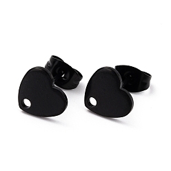 Electrophoresis Black 304 Stainless Steel Stud Earring Findings, with Ear Nuts, Heart, Electrophoresis Black, 12x9mm, Hole: 1.4mm, Pin: 0.7mm