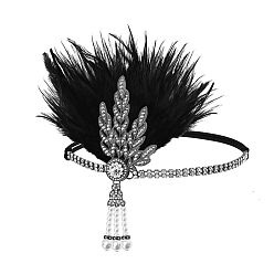 Gunmetal Feather Rhinestones HairBand, Halloween Hair Accessories for Ball Party Masquerade and Cosplay, Gunmetal, Inner Diameter: 240~250mm