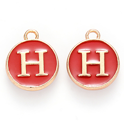 Letter H Golden Plated Alloy Charms, with Enamel, Enamelled Sequins, Flat Round, Red, Letter.H, 14x12x2mm, Hole: 1.5mm, 50pcs/Box