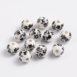 Noir Perles de porcelaine imprimés faits à la main, ronde, noir, 10mm, Trou: 3mm