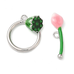 Real Platinum Plated Brass Enamel Toggle Clasps, Lotus Flower, Nickel Free, Real Platinum Plated, Flower Bar: 6.3x25.5x3.8mm, Ring: 20.6x17.5x8.3mm, Hole: 2mm