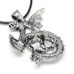 Antique Silver Alloy Pendant Necklaces, with Waxed Cord and Iron End Chains, Dragon, Antique Silver, 17.3 inch(44cm)