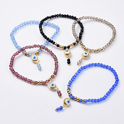 Mixed Color Glass Beads Stretch Bracelets, with Brass Enamel Links and 304 Stainless Steel Beads, Evil Eye, Mixed Color, 2 inch(5.2cm)