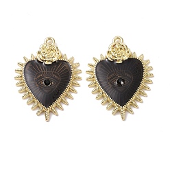 Black Halloween Theme Alloy Enamel Pendants, with Cubic Zirconia, Light Gold, Heart with Rose, Black, 32.5x25x3.5mm, Hole: 1.7mm