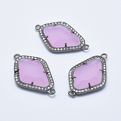 Pearl Pink Brass Micro Pave Cubic Zirconia Links, with Glass, Faceted, Rhombus, Gunmetal, Pearl Pink, 33x20x5mm, Hole: 1.6mm