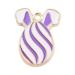 Lilac Easter Alloy Enamel Pendants, Golden, Egg with Rabbit Ear Charm, Lilac, 22x17x1.5mm, Hole: 2mm