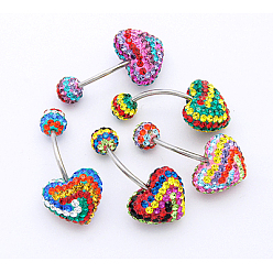 Mixed Color Austrian Crystal Belly Rings, with Stainless Steel and Polymer Clay, Round, Mixed Color, Size: Length: about 27mm long
