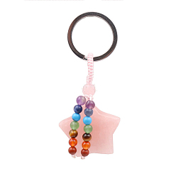 Quartz Rose Porte-clés pendentif étoile en quartz rose naturel et pierres précieuses mélangées, porte-clés en alliage chakra yoga pour hommes femmes, 70mm